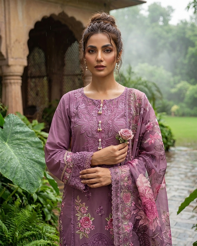 Designer Three Piece | Embroidered - Zara 3D Leaves | Cotton Lawn