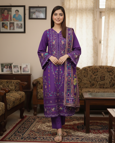 Designer Three Piece | Embroidered - Mehboob | Winter Cotton
