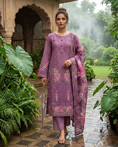 Designer Three Piece | Embroidered - Zara 3D Leaves | Cotton Lawn
