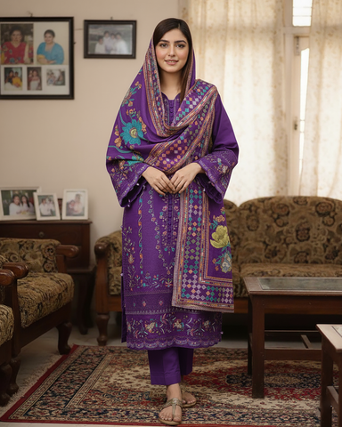 Designer Three Piece | Embroidered - Mehboob | Winter Cotton