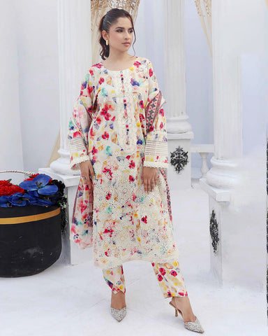 Designer Three Pieces | Embroidered Printed - RungRaiza | Winter Cambric Cotton