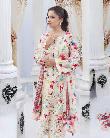 Designer Three Pieces | Embroidered Printed - RungRaiza | Winter Cambric Cotton
