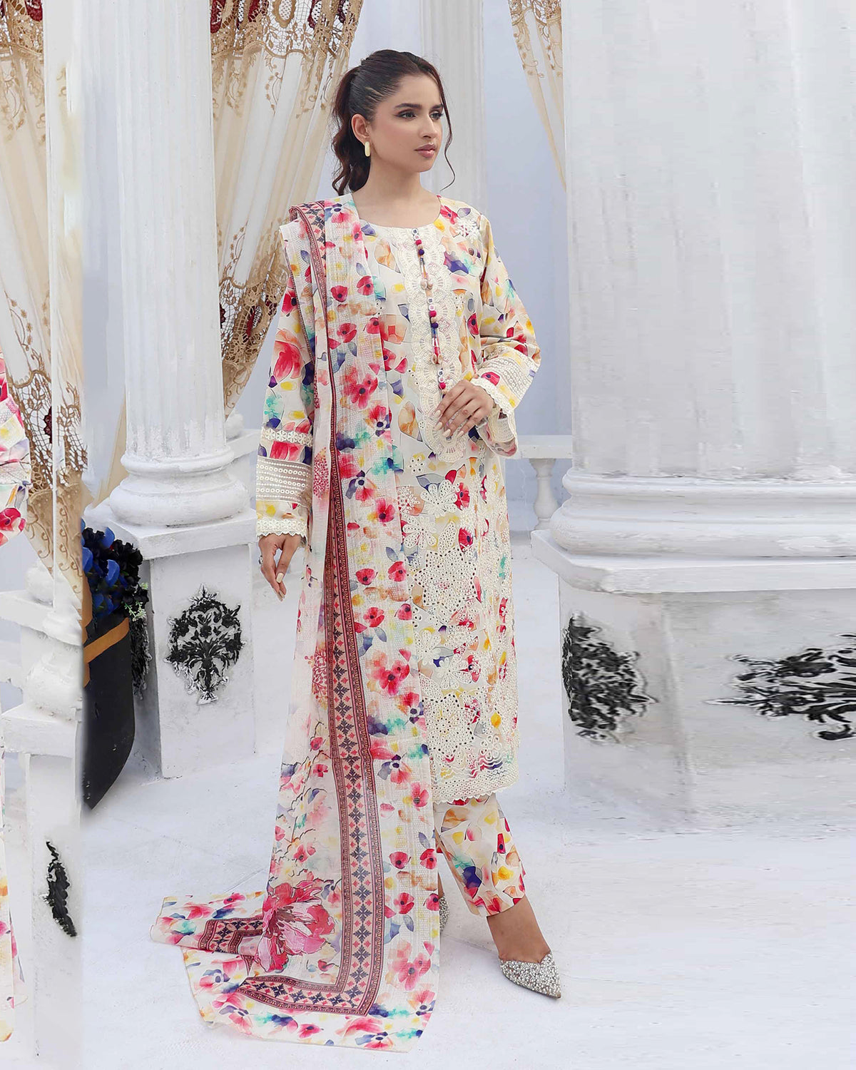 Designer Three Pieces | Embroidered Printed - RungRaiza | Winter Cambric Cotton