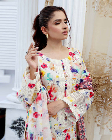 Designer Three Pieces | Embroidered Printed - RungRaiza | Winter Cambric Cotton
