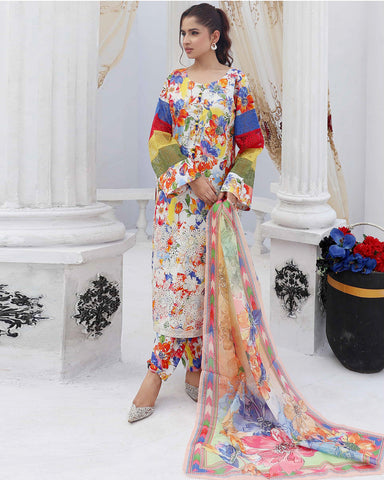 Designer Three Pieces | Embroidered Printed - RungRaiza | Winter Cambric Cotton