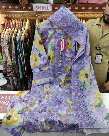 Designer Three Pieces | Embroidered Printed - RungRaiza | Winter Cambric Cotton