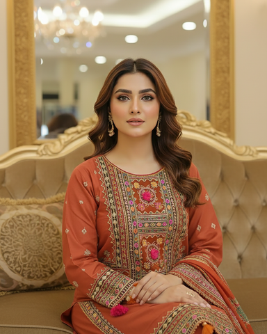 Designer Three Piece | Embroidered - Badshah Begum | Premium Khaddar