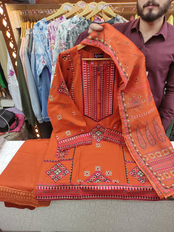 Designer Three Piece | Embroidered - Mushk | Premium Lawn Cotton