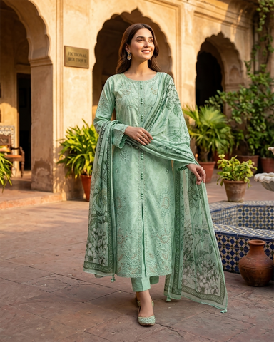 Designer Three Piece | Embroidered - Trio Button | Cotton Lawn