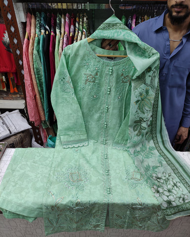 Designer Three Piece | Embroidered - Trio Button | Cotton Lawn