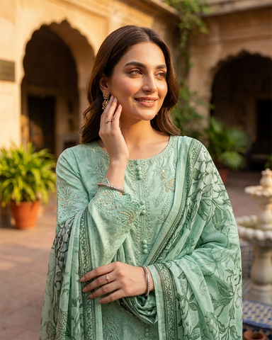 Designer Three Piece | Embroidered - Trio Button | Cotton Lawn