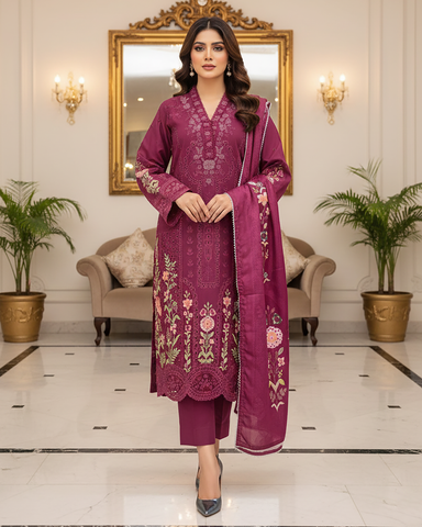 Designer Three Piece | Embroidered - Mehrmah | Premium Cotton Khaddar