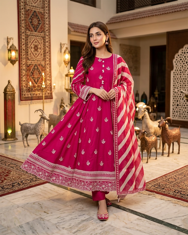 Designer Three Piece Frock | Embroidered - Anmol | Premium Lawn Cotton
