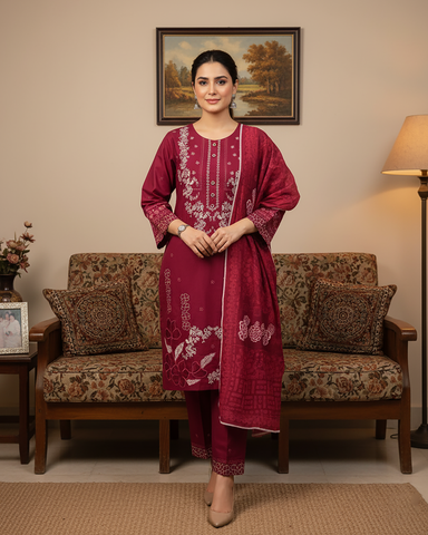 Designer Three Piece | Embroidered | Khaddar