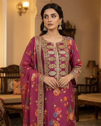 Designer Three Piece | Embroidered - Nimra | Shamoz Silk