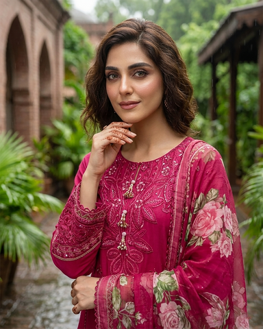 Designer Three Piece | Embroidered - Zara 3D Leaves | Cotton Lawn