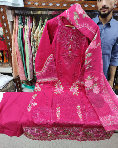 Designer Three Piece | Embroidered - Zara 3D Leaves | Cotton Lawn