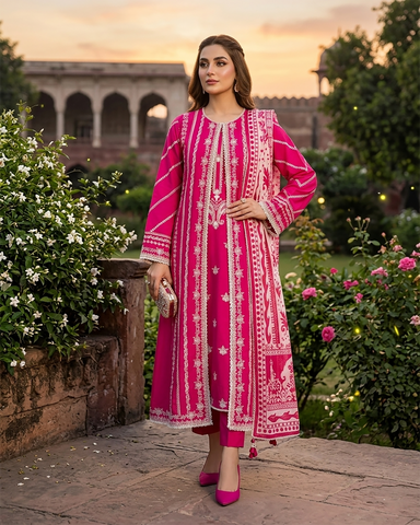 Designer Three Piece | Embroidered - Luxury Madhubala Gown | Premium Bareeze Lawn