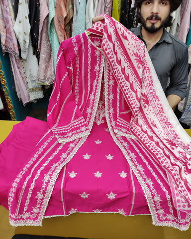 Designer Three Piece | Embroidered - Luxury Madhubala Gown | Premium Bareeze Lawn