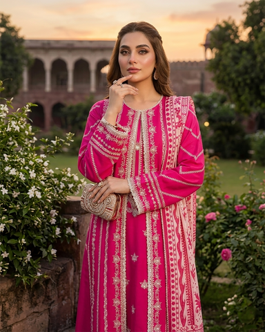 Designer Three Piece | Embroidered - Luxury Madhubala Gown | Premium Bareeze Lawn