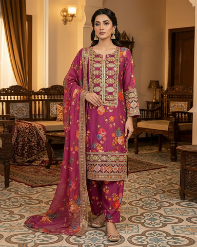 Designer Three Piece | Embroidered - Nimra | Shamoz Silk