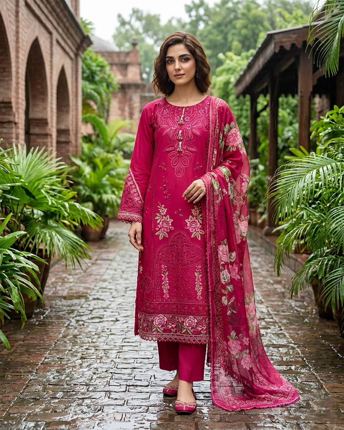 Designer Three Piece | Embroidered - Zara 3D Leaves | Cotton Lawn
