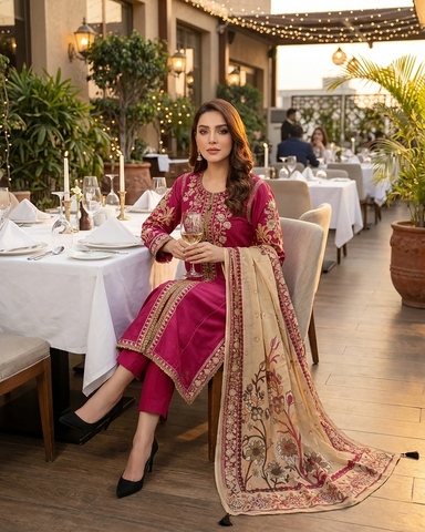 Designer Three Piece | Embroidered - Sard Raatain | Premium Winter Cotton