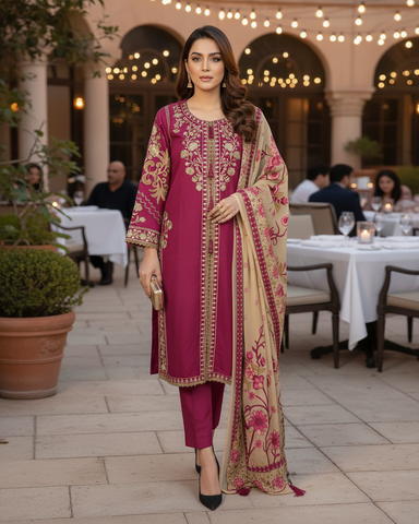 Designer Three Piece | Embroidered - Sard Raatain | Premium Winter Cotton