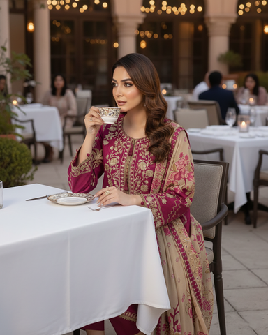 Designer Three Piece | Embroidered - Sard Raatain | Premium Winter Cotton