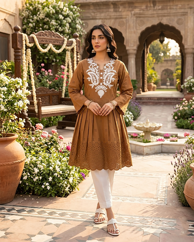 Semi Western | Designer Embroidered Short Frock | Premium Lawn Cotton