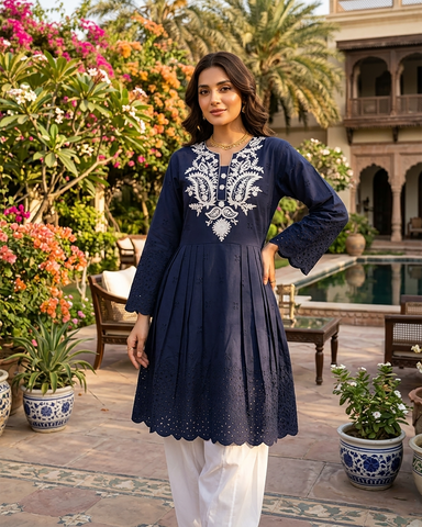 Semi Western | Designer Embroidered Short Frock | Premium Lawn Cotton