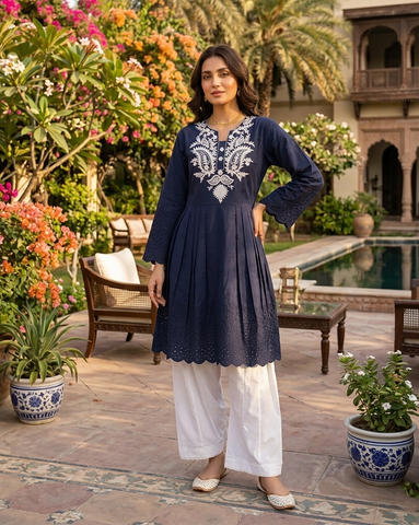 Semi Western | Designer Embroidered Short Frock | Premium Lawn Cotton