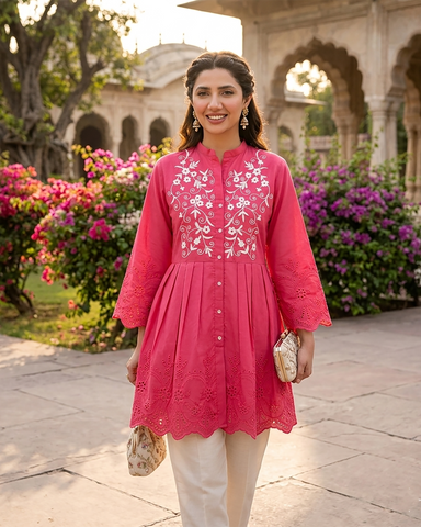 Semi Western | Designer Embroidered Short Frock | Premium Lawn Cotton