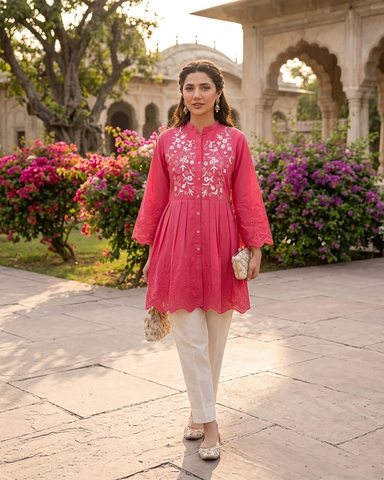 Semi Western | Designer Embroidered Short Frock | Premium Lawn Cotton