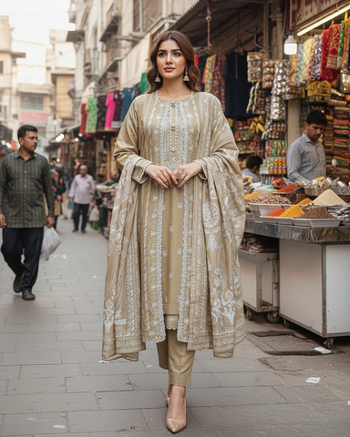 Designer Three Piece | Gown/Inner - Madhubala | Premium Winter Self Cotton