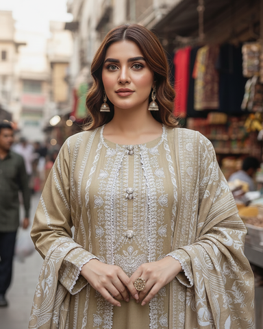 Designer Three Piece | Gown/Inner - Madhubala | Premium Winter Self Cotton