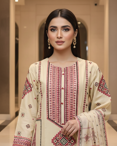 Designer Three Piece | Embroidered - Mushk | Premium Lawn Cotton
