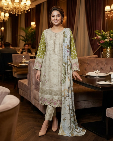 Designer Three Piece | Embroidered - Minahil | Premium Winter Cotton