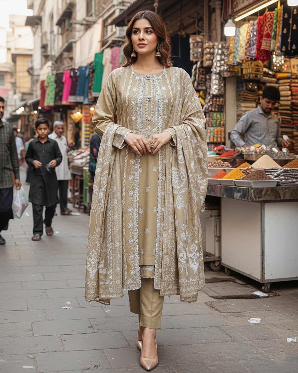 Designer Three Piece | Gown/Inner - Madhubala | Premium Winter Self Cotton