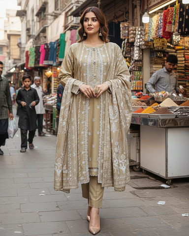 Designer Three Piece | Gown/Inner - Madhubala | Premium Winter Self Cotton