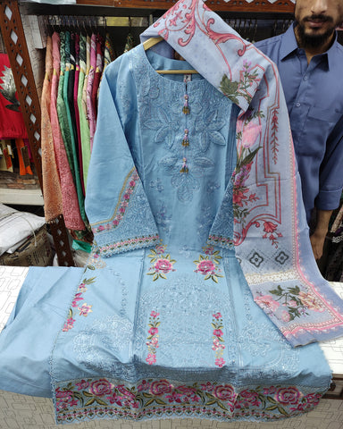 Designer Three Piece | Embroidered - Zara 3D Leaves | Cotton Lawn