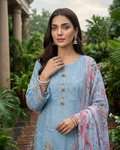 Designer Three Piece | Embroidered - Zara 3D Leaves | Cotton Lawn