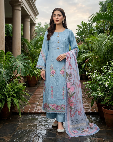 Designer Three Piece | Embroidered - Zara 3D Leaves | Cotton Lawn