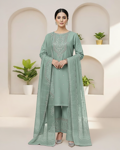 Designer Three Piece | Exquisite Embroidered | Winter Self Cotton