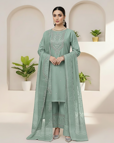 Designer Three Piece | Exquisite Embroidered | Winter Self Cotton