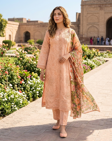 Designer Three Piece | Embroidered - Trio Button | Cotton Lawn