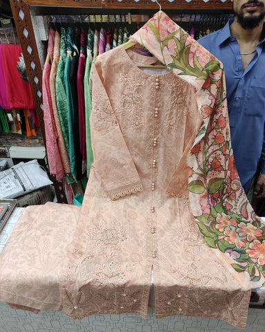 Designer Three Piece | Embroidered - Trio Button | Cotton Lawn