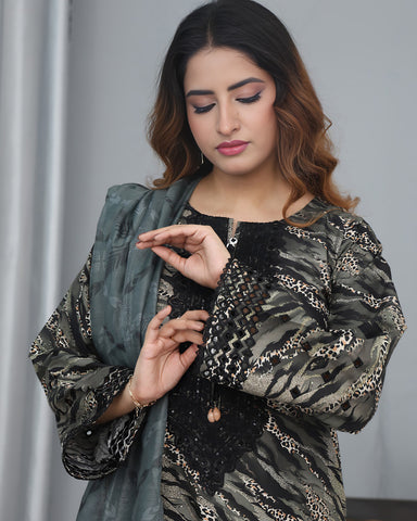 Designer Printed Three Piece | Embroidered - Pearl One | Winter Cotton