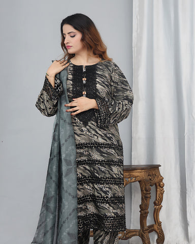 Designer Printed Three Piece | Embroidered - Pearl One | Winter Cotton
