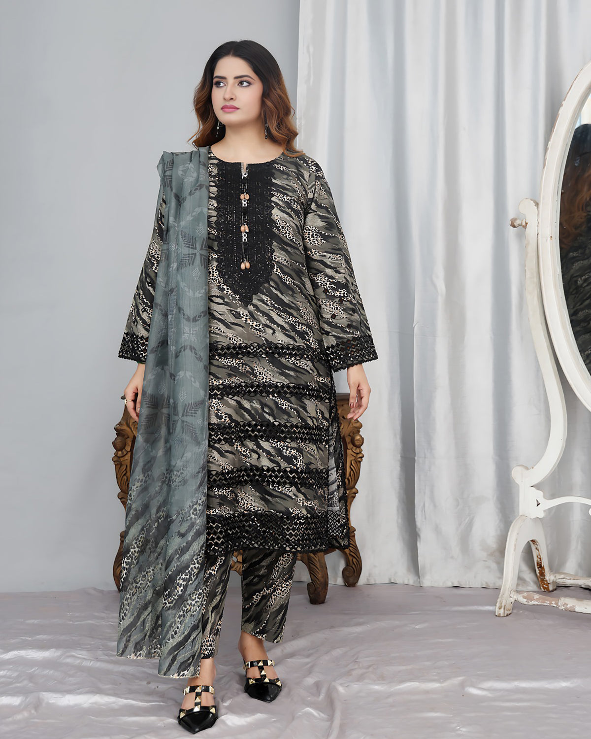 Designer Printed Three Piece | Embroidered - Pearl One | Winter Cotton
